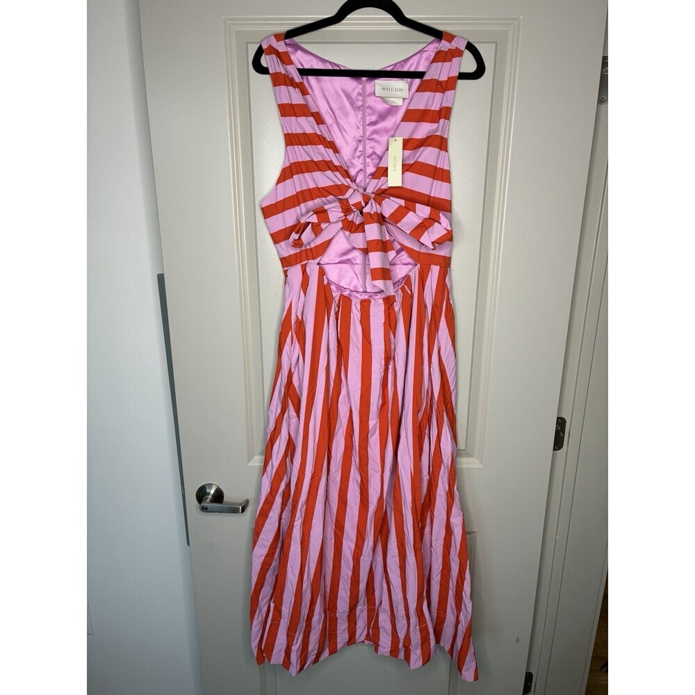 BHLDN NWT Madeline Sleeveless V-Neck Cutout Taffeta Midi Dress Pink Stripe XL - Picture 3 of 9